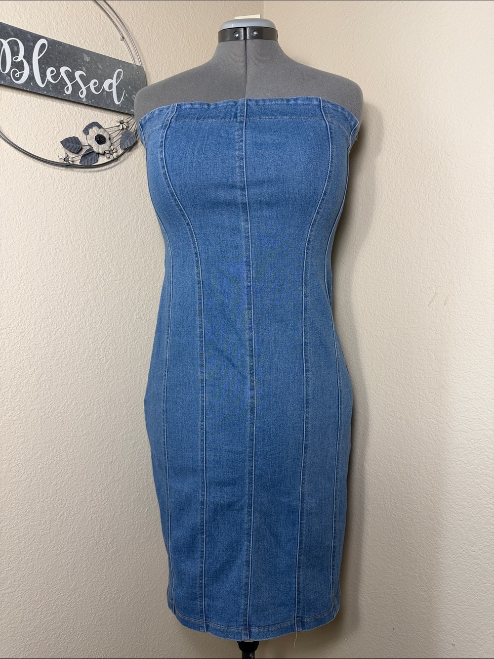 Timing Strapless Denim Midi Dress NWT Size Large L Medium Wash Panel Corset